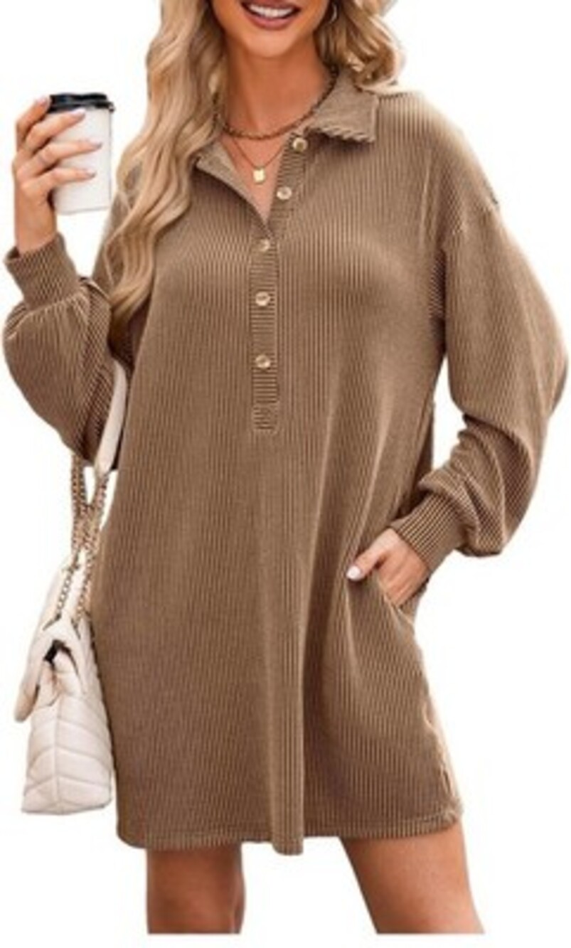 AlvaQ Women Long Sleeve Dress Loose Button Front Lapel Collared Ribbed Knit Mini